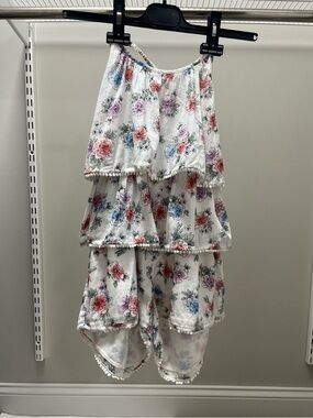 Peek White Floral Tiered Pom-Pom Romper